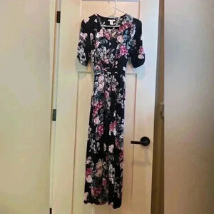 women’s H&M black teal rose pink dress w side pockets pull over back Tie Sz 6